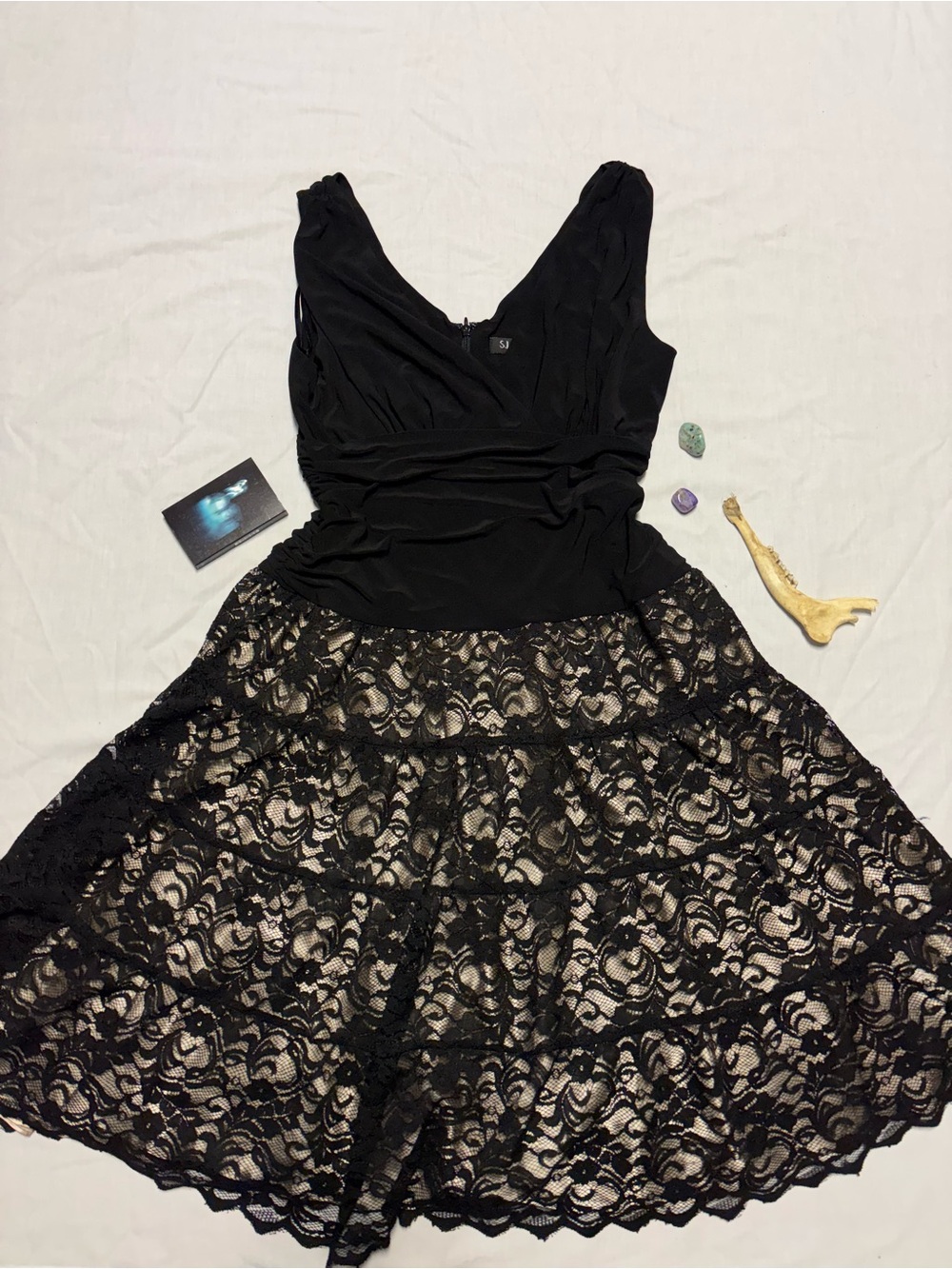 S.L. Fashions Black Lace Tiered Midi Dress